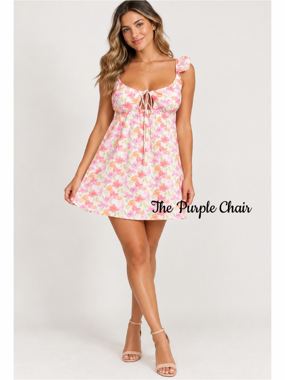 GREY BANDIT NWT Floral Print Ruffle Shoulder Tie Front Babydoll Mini Dress M